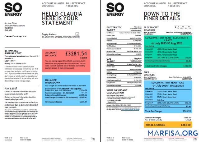 Realistic United Kingdom So Energy utility bill template in Word and PDF formats, 2 pages, version 2